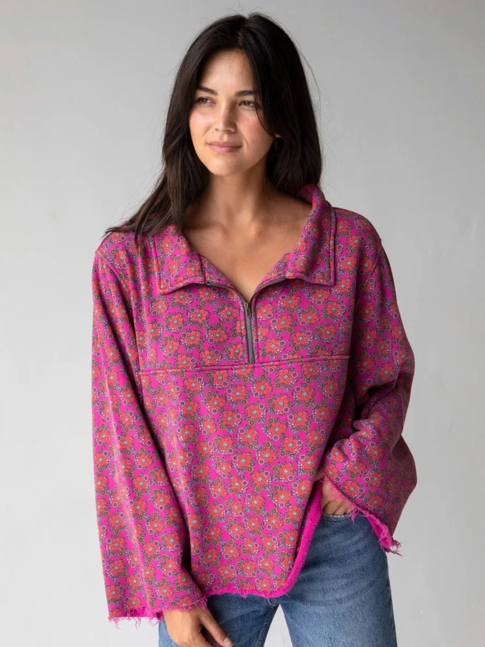 Natural Life Easy Does It Sweatshirt Hot Pink Mod Floral L/XL Oversized Boho